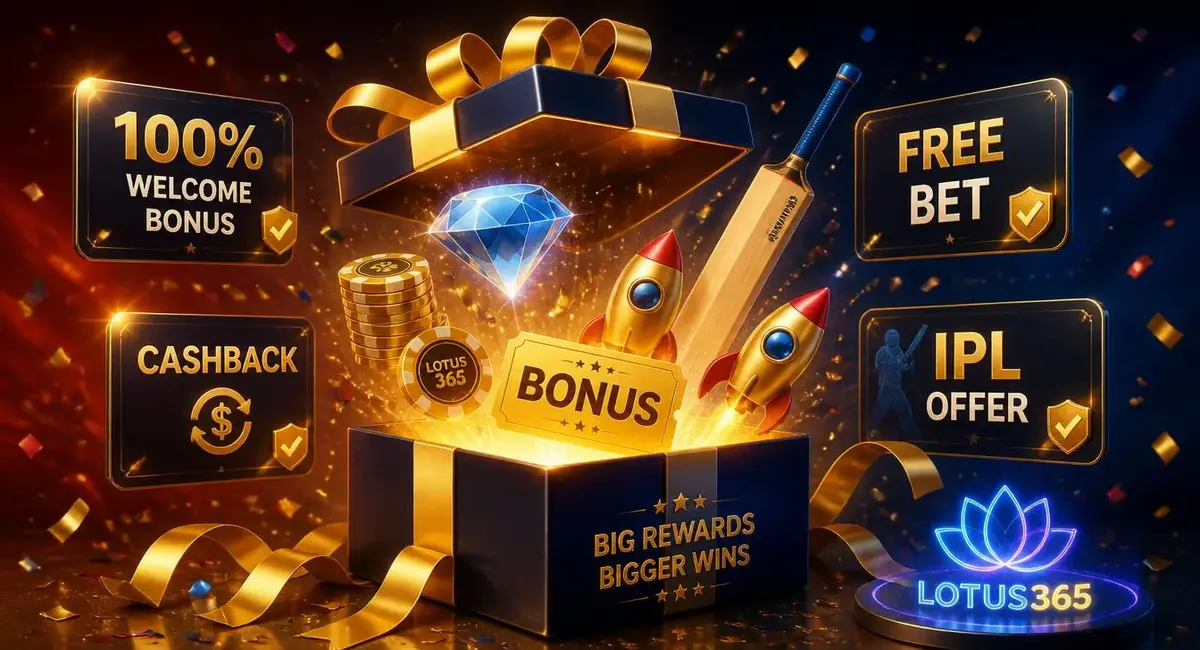 Lotus365 bonuses and offers golden gift box bursting with casino chips cricket bat winning ticket and promotion cards festive background