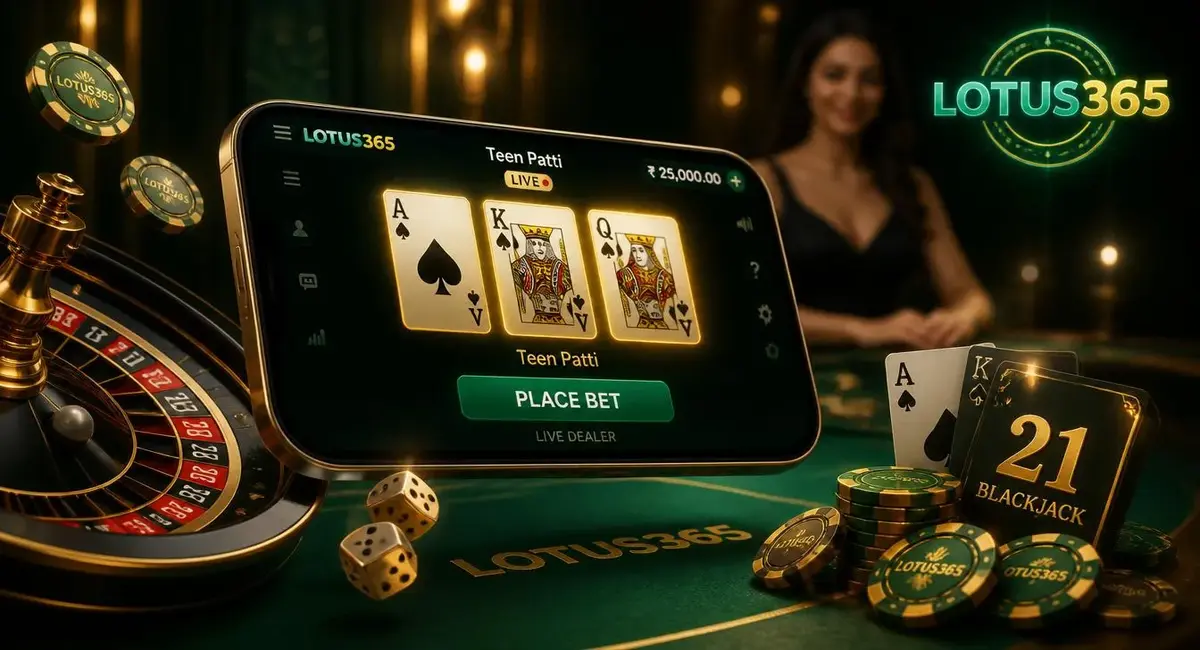 Lotus365 live casino games floating smartphone showing Teen Patti cards roulette wheel blackjack 21 golden chips on green velvet table