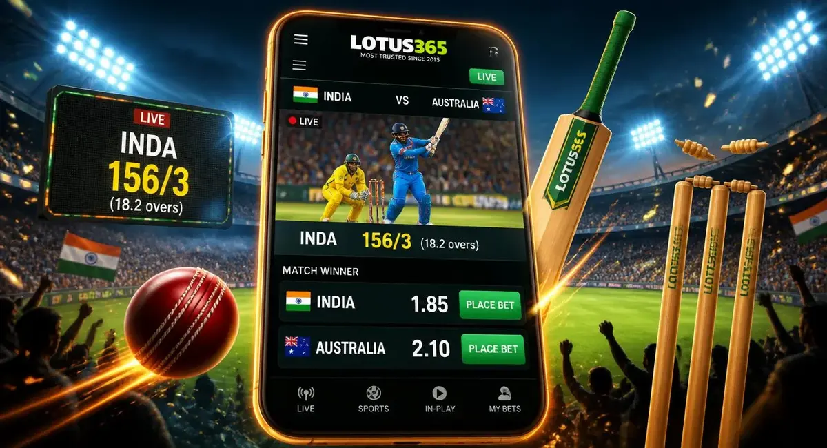 Lotus365 online cricket betting smartphone showing live India vs Australia match with betting odds place bet buttons cricket bat ball stumps stadium background
