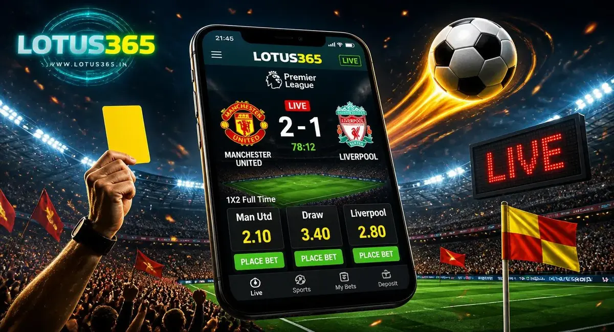 Lotus365 football betting smartphone showing live Manchester United vs Liverpool match with betting odds place bet buttons and stadium crowd background