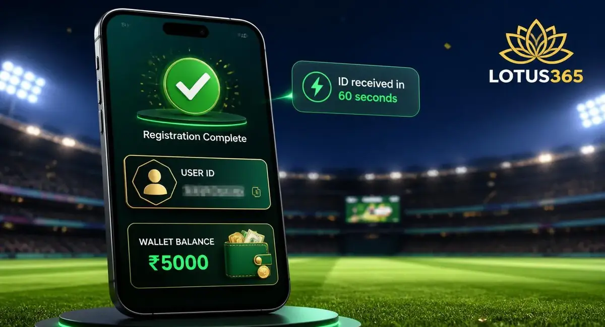 Get betting ID online on smartphone with instant registration success screen and cricket stadium background Lotus365