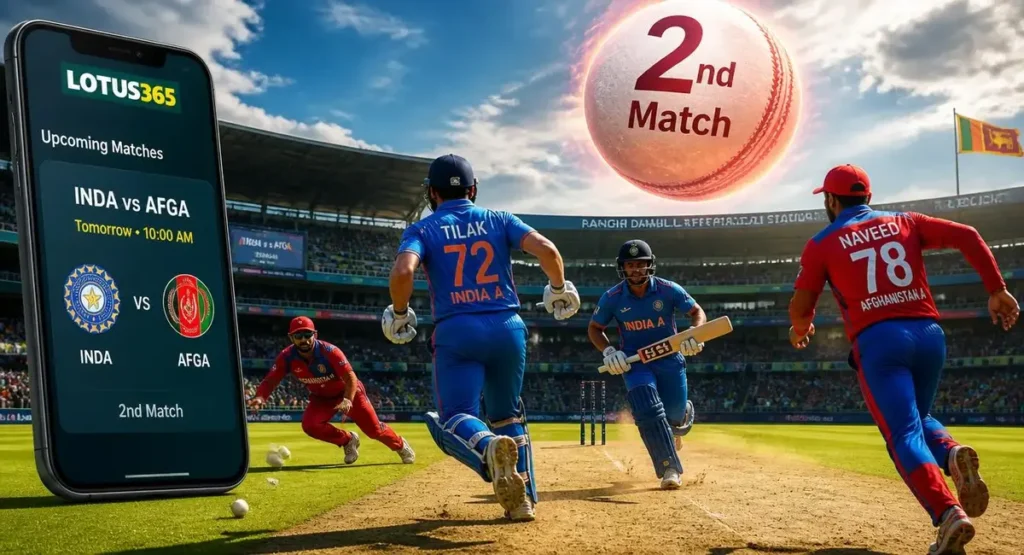 India A vs Afghanistan A 2nd match Tri Nation A Series 2026 at Rangiri Dambulla Stadium with Lotus365 logo on mobile screen