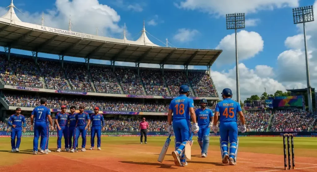 India vs Afghanistan 3rd ODI match at MA Chidambaram Stadium Chennai, Indian and Afghan cricket players on field with fans cheering in packed stadium, bright sunny weather
