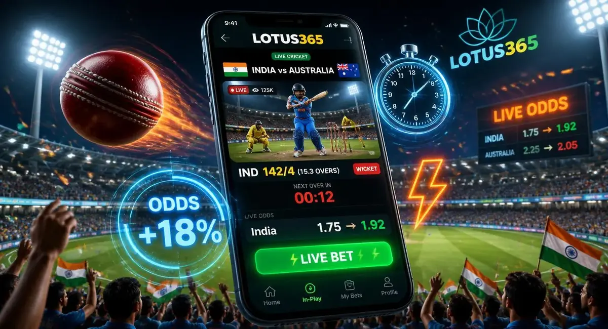 Lotus365 live betting smartphone showing India vs Australia cricket match with changing live odds wicket alert and stadium crowd background