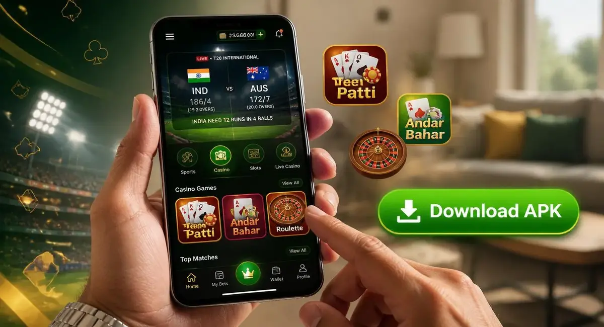 Lotus365 app download interface showing cricket betting, Teen Patti casino game, and download APK button on Android mobile screen