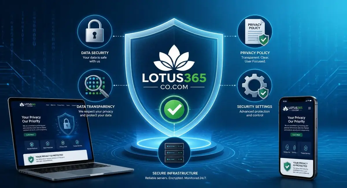 Lotus365Co com privacy policy security shield with padlock and document icons representing data protection and user privacy