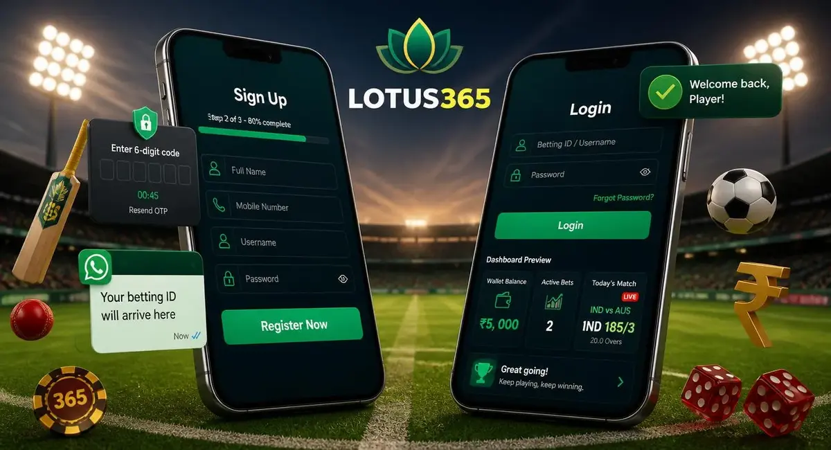 Lotus365 sign up and login screen guide showing registration form with name mobile number username password and OTP verification on one side, and login dashboard with wallet