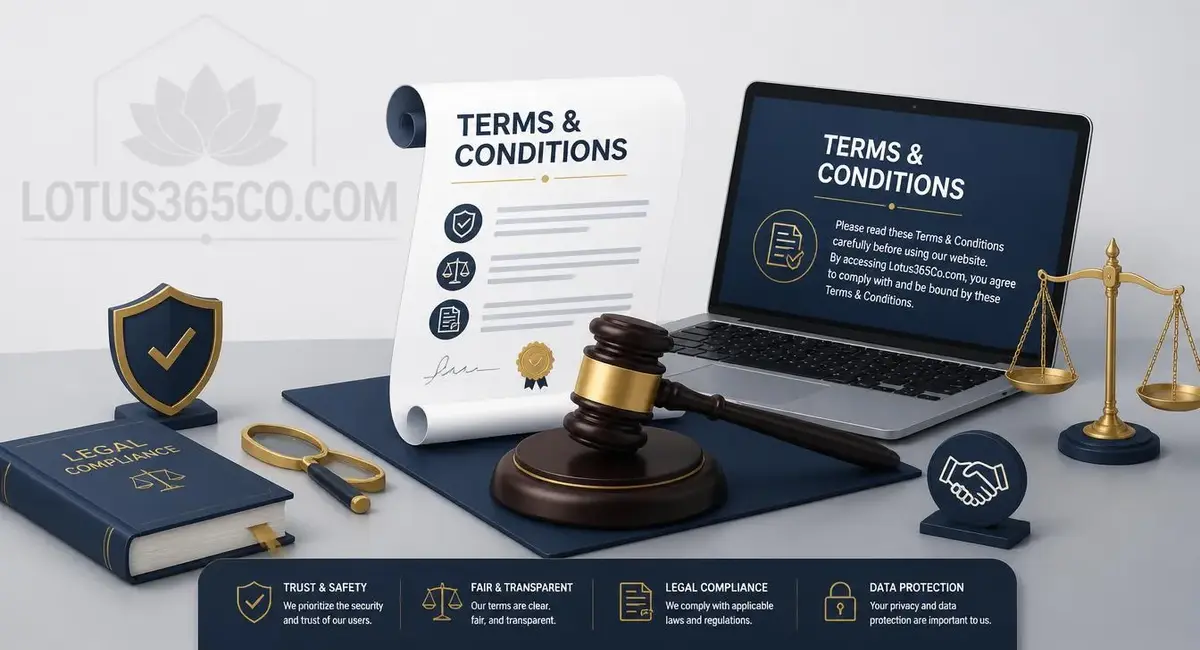 Lotus365Co com terms and conditions legal document with gavel and balance scale illustration